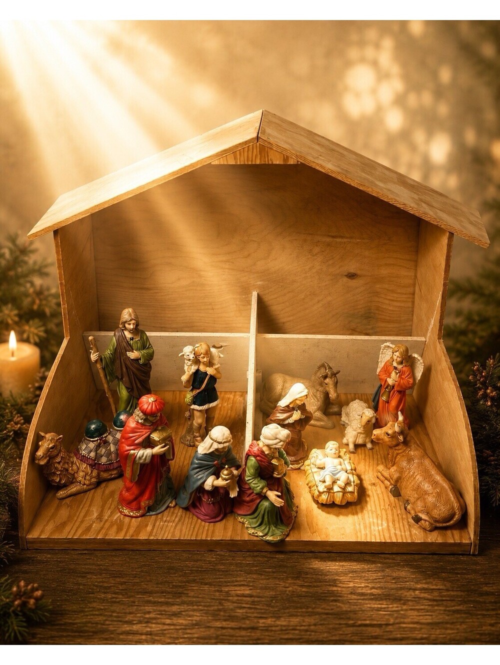 Vintage 1990s Porcelain Nativity Set Of 12 Figurines With Wooden Stable